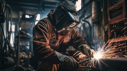 man with protective mask welds at the factory Repair pipe stainless argon welding, GENERATIVE AI