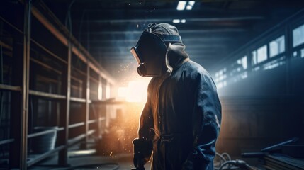 Worker welder with protective mask welding metal, sunlight spark hot metal. Industry weld factory, GENERATIVE AI