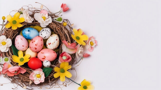 Easter eggs in the bird’s nest and flowers on white background. Concept of happy easter day.