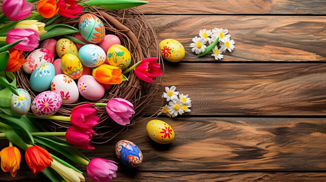 Easter eggs in the bird’s nest and flowers on the woody floor. Concept of happy easter day.