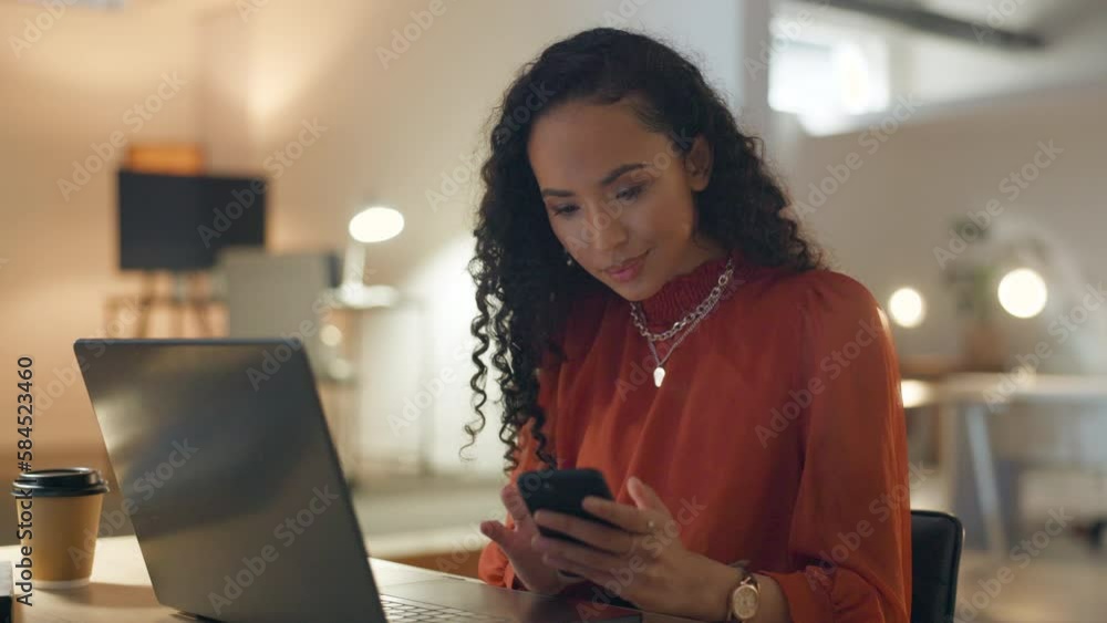 Poster business woman, night writing and phone scroll of mixed race female at a office. employee, work comm