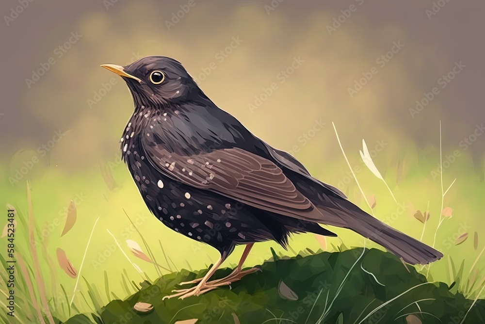 Poster a little common blackbird on a meadow captured in shallow depth of field generative ai