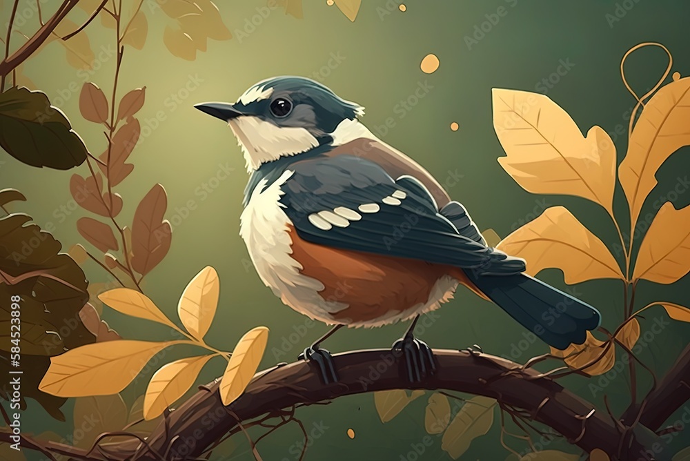 Poster image of a bird in focus perched on a leafy branch generative ai