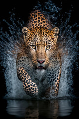 spotted leopard in attack mode