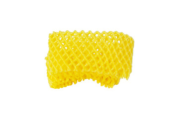 Foam plastic mesh net yellow isolated on cutout PNG. Blank covered shockproof foam net for fruits...