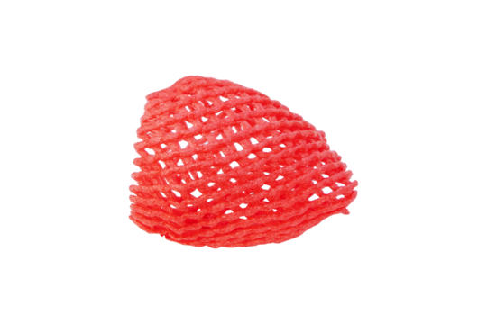 plastic mesh net isolated on cutout PNG. Blank covered light red shockproof foam net for fruits protection. protective packaging netting sleeves for fruits. Sticky, soft, impact resistant.