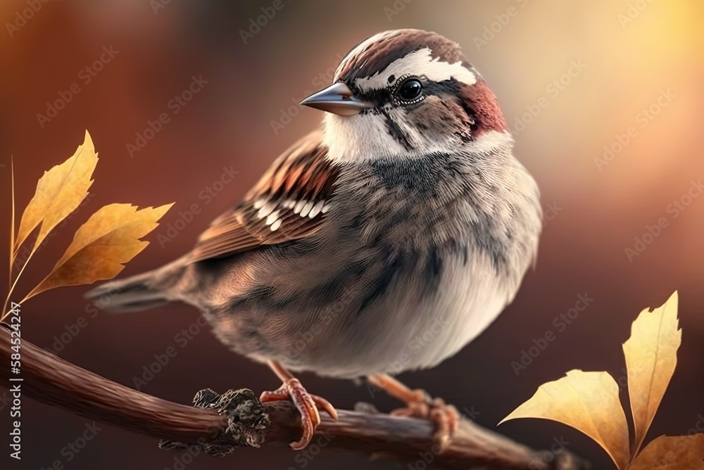 Poster cute bird on a branch, captured in sharp focus. generative ai