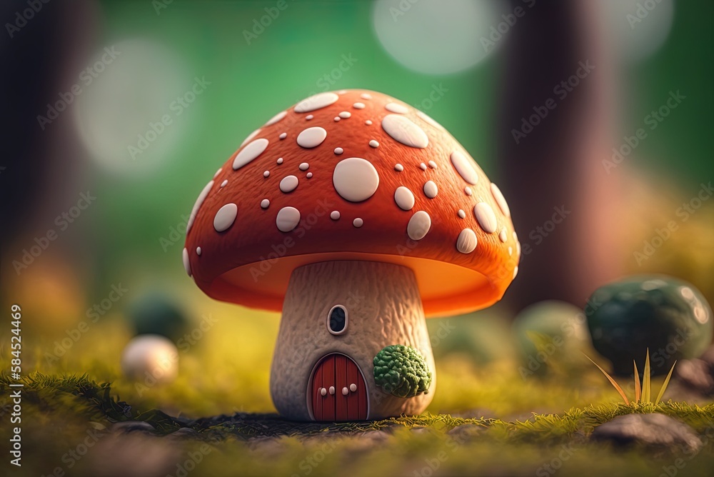 Poster an image of a mushroom in the forest with selective focus generative ai