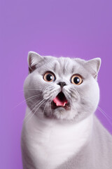 Scottish fold cat shocking face and wide open eyes, surprised cat with purple background