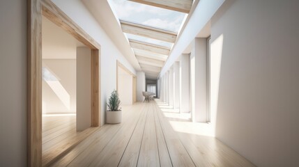 Obraz premium home interior design with corridor area natraual skylight daytime and wooden decoration clean clear space interior design concept, image ai generate
