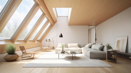 Fototapeta premium home interior design living area modern natural style wooden furniture and element sunrise morning day time , image ai generate