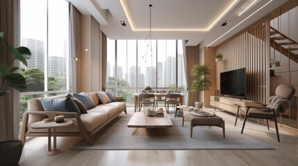 home interior design living area modern natural style wooden furniture and element sunrise morning day time , image ai generate
