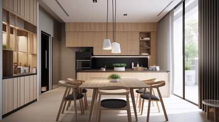 Fototapeta premium show flat interior design modern nature contemporary dining area daylight minimal decoration style home design concept, image ai generate