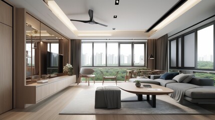 home interior design living area modern natural style wooden furniture and element sunrise morning day time , image ai generate