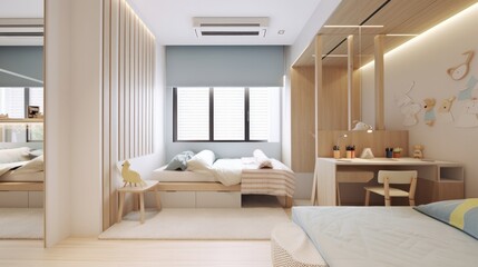home interior design concept kid room clear light and clean design element natural light day time wooden brown colour scheme, image ai generate