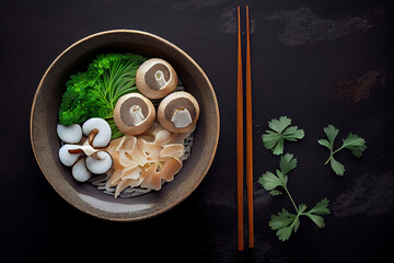 Obraz na płótnie Canvas Top view of bowl with various raw mushrooms placed on black table with chopsticks in kitchen near salt and parsley. Generative Ai