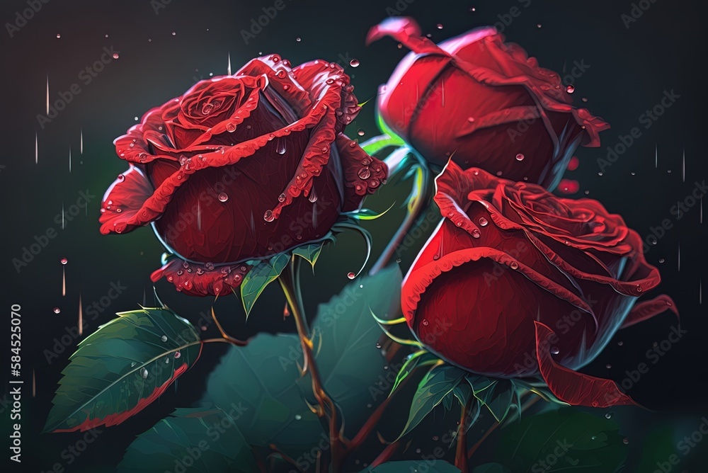Poster a close-up of a few drops on a cluster of vivid red roses generative ai