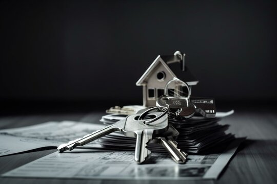 Real estate fraud concept. The hook and the key to the house lie on the money. Generative AI