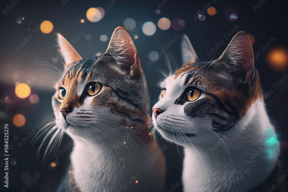 Poster bokeh-filled selective focus picture of a cat pair generative ai