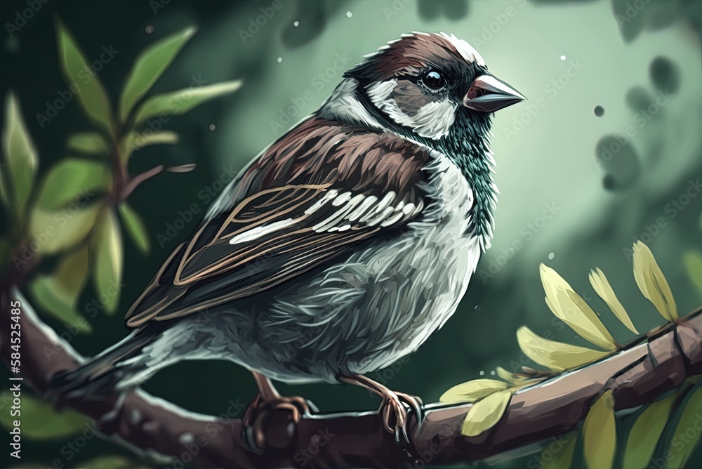 Poster a house sparrow sitting on a tree limb in a blurred out background generative ai