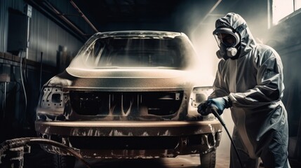 Technician in safety clothing spraying car paint, industrial, auto paint, car, automotive, painting, GENERATIVE AI
