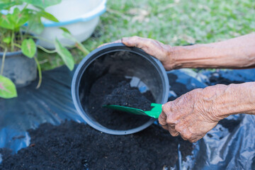 Close-up of Senior woman's hands preparing the soil for planting flowers into a black flowerpot. Planting flowers in garden home. Selective focus on the front hand. Gardening at summer