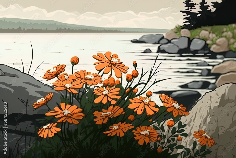 Poster zooming in on a specific part of a field filled with vibrant orange flowers that sits next to a body