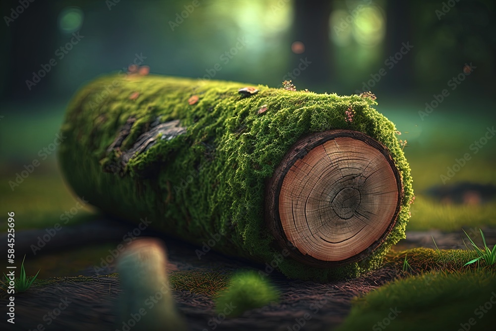 Poster an image of a moss-covered wood log captured with a shallow depth of field generative ai