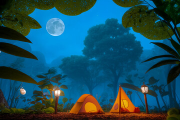 Serenity in the Wild. Night Camping Scene with Tent, Moonlight, nobody and Tropical Forest. Landscape Illustration background. Generative AI.