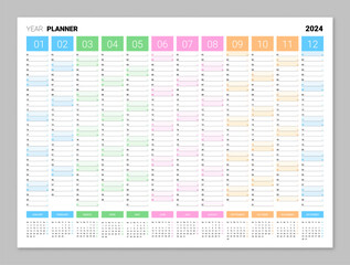 Wall yearly planner, calendar for 2024, colorful organizer template. Business scheduler layout, 12 months set. Horizontal annual printable planner with space for notes vector illustration