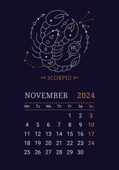 2024 Astrology wall monthly calendar with Scorpio zodiac sign. November calendar template with zodiac constellation on dark blue sky, week starts on Monday thin line vector illustration