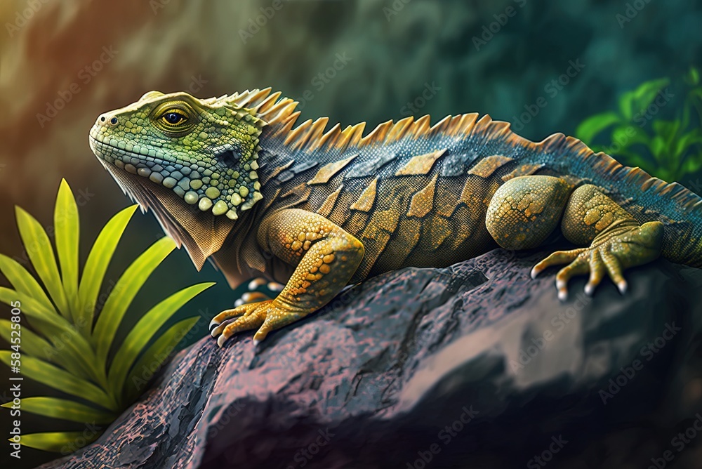 Poster little iguana fixed on a rock, focusing selectively generative ai