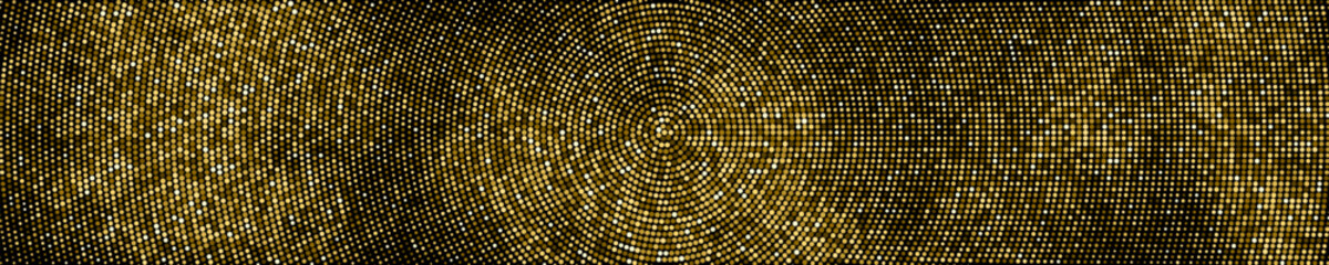 Gold Glitter Halftone Dotted Backdrop. Abstract Circular Retro Pattern. Pop Art Style Background. Golden Explosion Of Confetti. Wide Horizontal Long Banner For Site. Vector Illustration, Eps 10.  