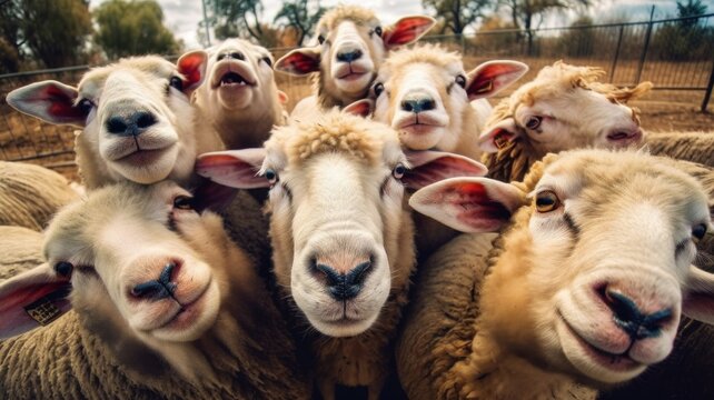 Funny sheep take a selfie on the farm. generative ai