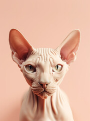 Portrait of serious sphinx cat looking at camera on pink background. Generative AI