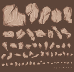 Vector set of various of broken stones of dry clay. Cartoon clipart collection of smashed earth rocks with cracks isolated from background.