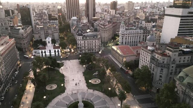Plaza de Mayo and Cabildo of Buenos Aires Aerial Drone Above Historical Square Landmark in Financial District City Center