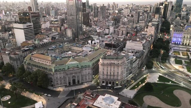 Aerial Drone Fly Above Kirchner Cultural Center and Pink House Casa Rosada Buenos Aires Argentina at Night near Plaza de Mayo