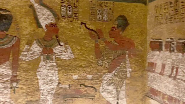 Wall Decorations inside the Tomb of Tutankhamun. The Valley of The Kings in Egypt.