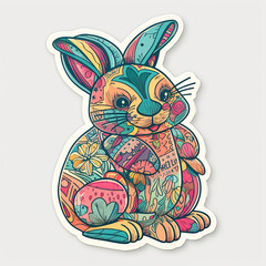 Folk Art Easter Magic: A Charming Bunny and Vibrant Eggs Sticker

