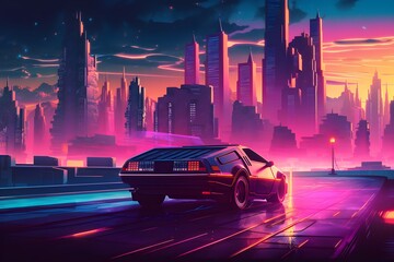 Fototapeta na wymiar DeLorean in a beautiful Cyberpunk City | Back to the Future inspired Ai Generated wallpaper/background |
