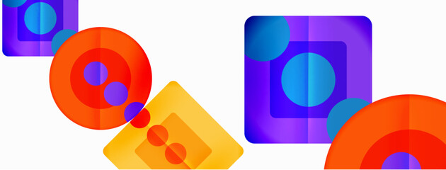 Trendy minimal geometric abstract background. Triangles, squares and circles bright colors backdrop. Vector Illustration For Wallpaper, Banner, Background, Card, Book Illustration, landing page