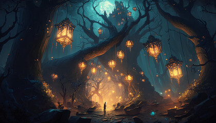 fairies magical forest filled with floating lanterns generative ai