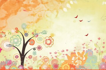 Obraz na płótnie Canvas Spring Scrapbook Scrapbooking Background with Flowers Nature Floral Butterfly Plants Sky Pattern Decoration Illustration