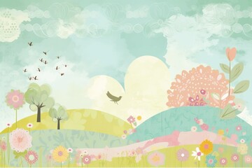 Spring Scrapbook Scrapbooking Background with Flowers Nature Floral Butterfly Plants Sky Pattern Decoration Illustration