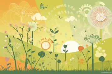 Fototapeta premium Spring Scrapbook Scrapbooking Background with Flowers Nature Floral Butterfly Plants Sky Pattern Decoration Illustration