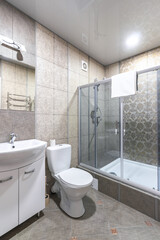 Bathroom in a small family hotel with shower, toilet and sink