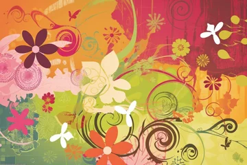 Foto op Plexiglas anti-reflex Spring Scrapbook Scrapbooking Background with Flowers Nature Floral Butterfly Plants Sky Pattern Decoration Illustration © DigitalFury