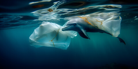 Dolphin with plastic rubbish, fish, bubbles and coral reefs. Save the ocean.