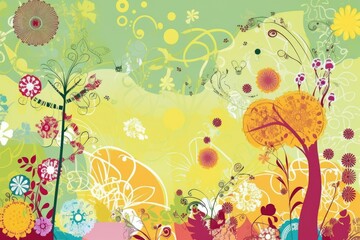 Naklejka na ściany i meble Spring Scrapbook Scrapbooking Background with Flowers Nature Floral Butterfly Plants Sky Pattern Decoration Illustration